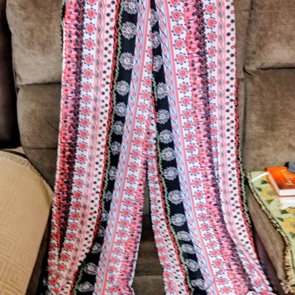 Boho Floral Wide-Leg Pants - Pink & Black